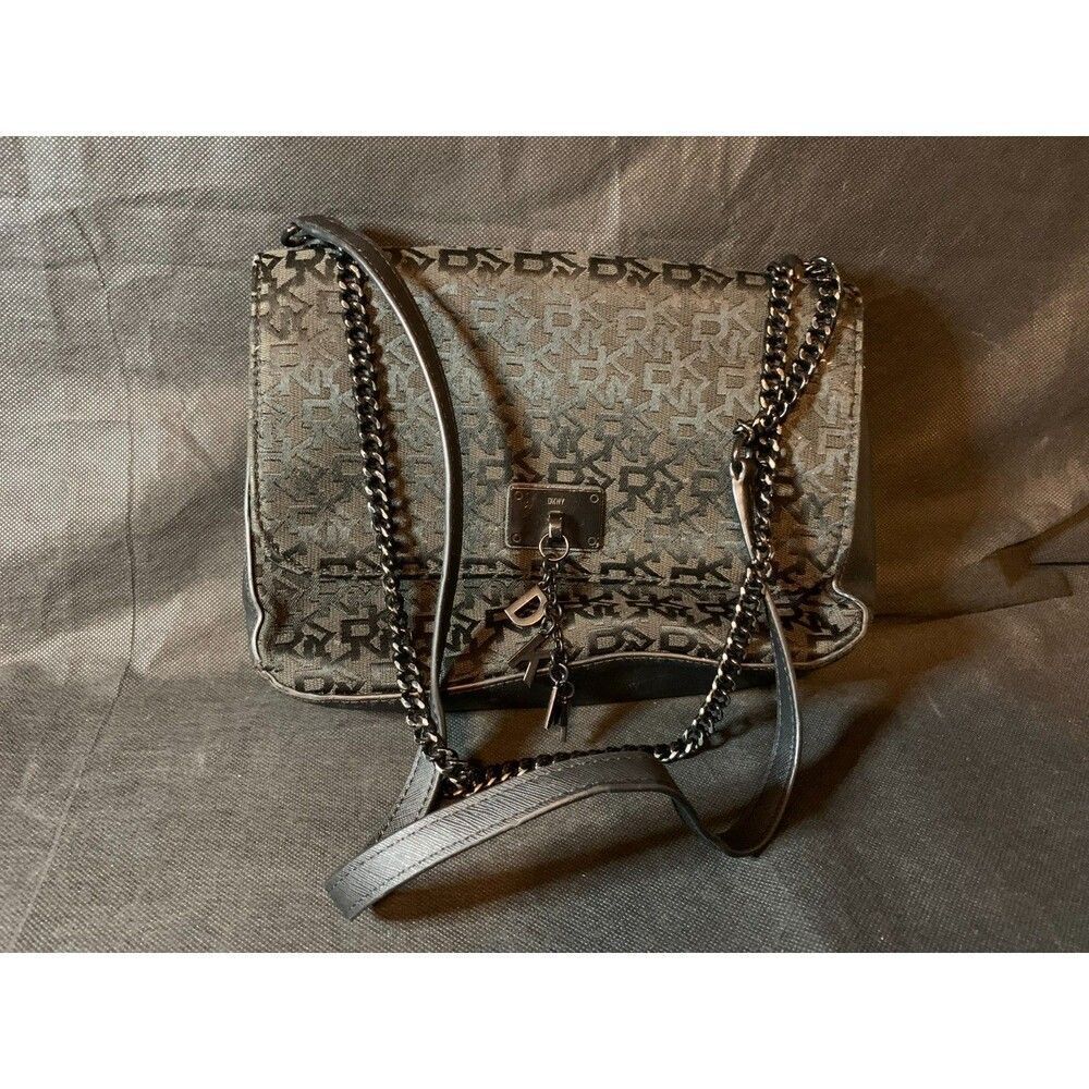DKNY Black Leather Shoulder Bag Chain Strap Purse Logo
